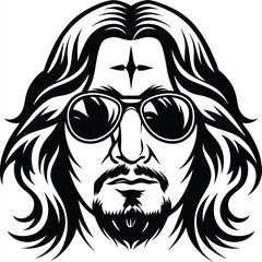 Artistic rendering showcases a man wearing sunglasses and boasting a long, wavy hairstyle