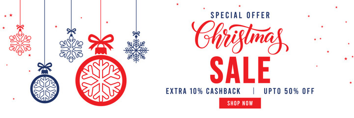 Christmas Sale banner with special offer text, cashback and discount percentages, and hanging red and blue snowflake ornaments and baubles. Ideal for seasonal marketing, holiday shopping, and web head © bibin