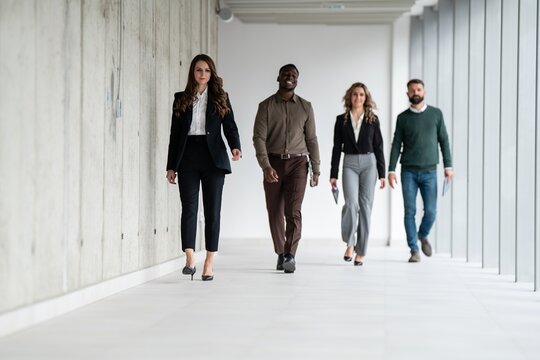 Business people team walking in modern office corridor