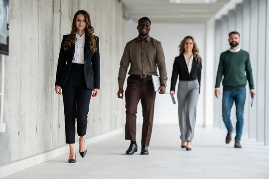 Diverse business professionals walking in modern office hallway