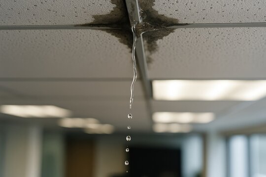 Water leaking from the ceiling in a modern office interior.