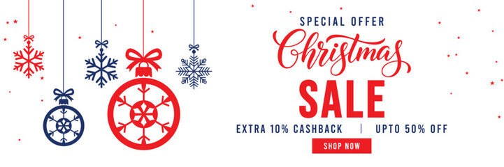 Christmas Sale banner with special offer text, cashback and discount percentages, and hanging red and blue snowflake ornaments and baubles. Ideal for seasonal marketing, holiday shopping, and web head © bibin