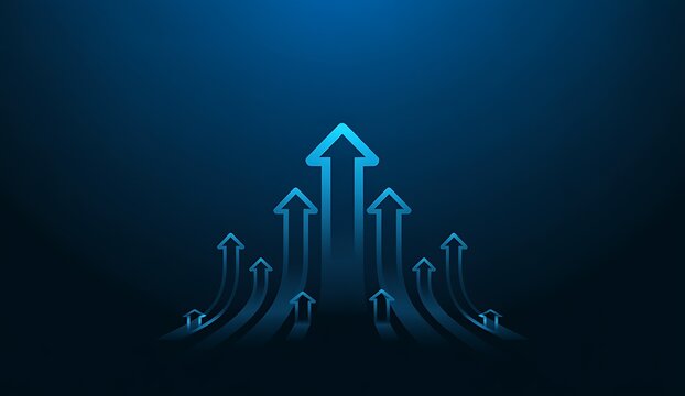 Blue arrows ascending on dark blue background with subtle house icons growth success