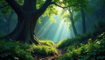 Untamed wilderness, ancient trees cloaked in shadow, sunlight dappling the forest floor, lush vegetation thriving in the deep woods A haven of untamed nature , calm, flora