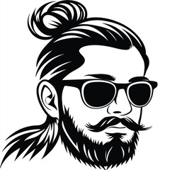 Bearded man portrait with top bun hairstyle and sunglasses in black and white