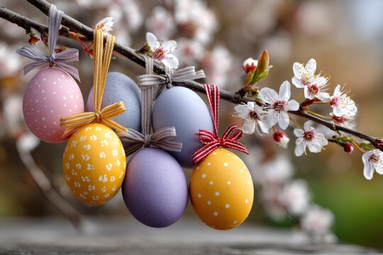 Colorful easter eggs hanging on a blooming spring branch