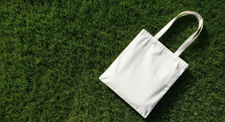 White cotton tote bag mockup on green grass eco friendly lifestyle shot
