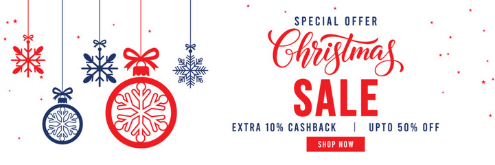 Christmas Sale banner with special offer text, cashback and discount percentages, and hanging red and blue snowflake ornaments and baubles. Ideal for seasonal marketing, holiday shopping, and web head © bibin