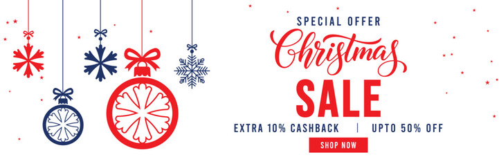 Christmas Sale banner with special offer text, cashback and discount percentages, and hanging red and blue snowflake ornaments and baubles. Ideal for seasonal marketing, holiday shopping, and web head