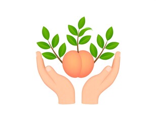Hands holding a peach with leaves, symbolizing growth and care.
