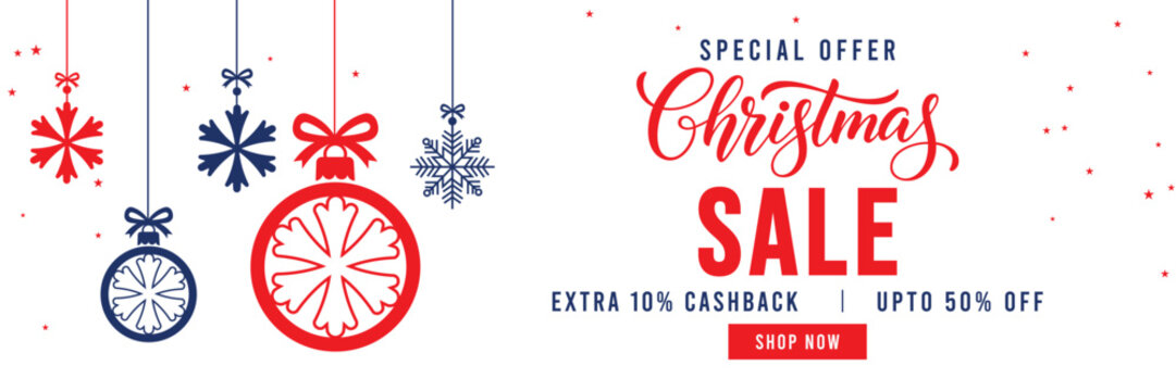 Christmas Sale banner with special offer text, cashback and discount percentages, and hanging red and blue snowflake ornaments and baubles. Ideal for seasonal marketing, holiday shopping, and web head