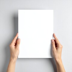 Hands Holding Blank White Paper Sheet on Light Gray Background.