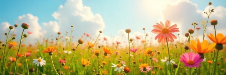 Fototapeta premium A vibrant sunlit field of wildflowers swaying gently in the breeze, embodying pure joy and carefree bliss Perfect for concepts of serenity, peace, and positive emotions , yellow, inspirational