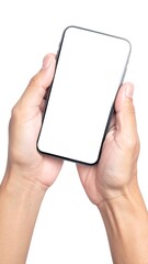 Hands Holding Smartphone with Blank Screen on White Background.