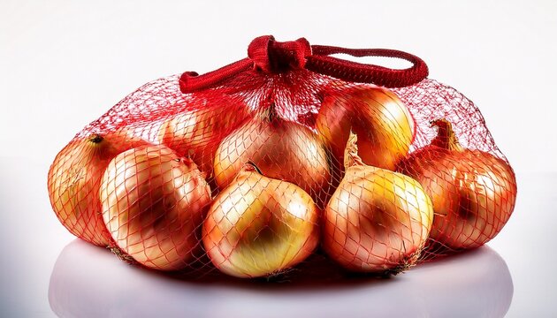 fresh yellow onions in red mesh bag - Powered by Adobe