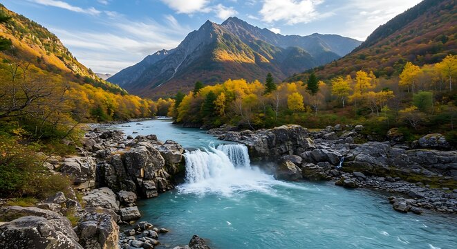 Picturesque landscape with waterfall in mountains with autumn colors trees