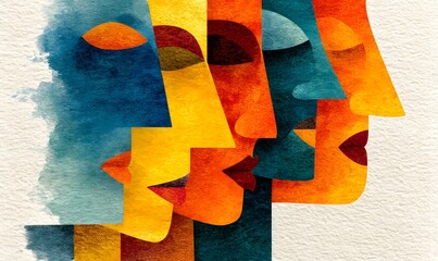 Abstract watercolor painting of diverse faces modern art print colorful portrait wall decor artwork design