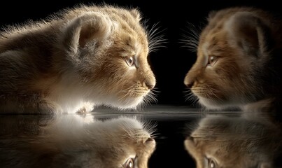 Adorable lion cub portrait with reflection in water, cute baby animal wildlife photography image hd wallpaper