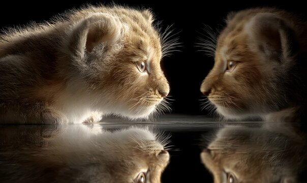 Adorable lion cub portrait with reflection in water, cute baby animal wildlife photography image hd wallpaper