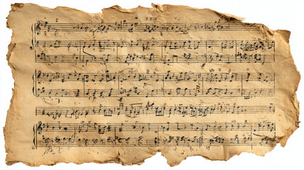 Scrap of vintage music sheet yellowed, torn paper with musical notes, isolated for design use.
