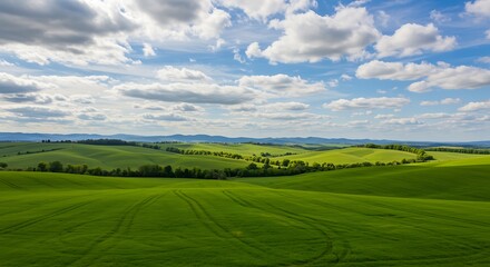 Rolling green hills and blue sky with fluffy white clouds panorama
