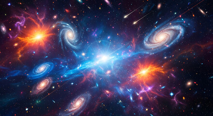 Obraz premium Interstellar collision of galaxies and nebulae with bright starbursts and comets space cosmos