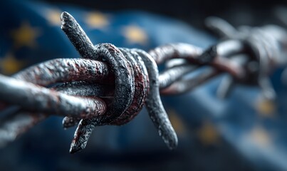 Barbed wire fence against european union flag background border security and immigration control concept