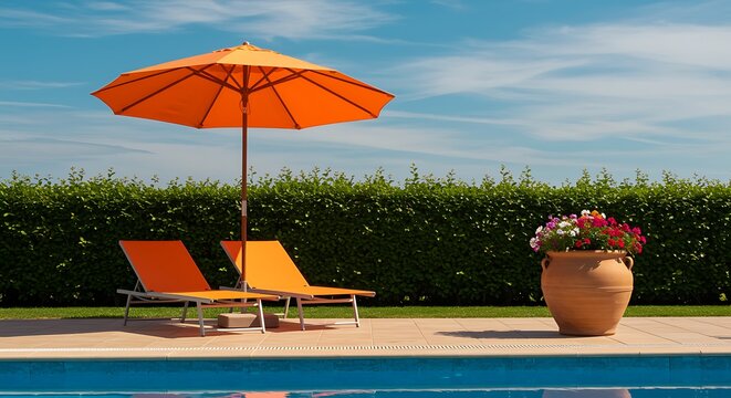 Relaxing poolside with orange sun umbrella and vibrant flower pot decoration - Powered by Adobe