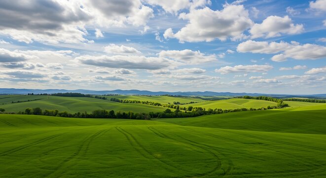 Rolling green hills and blue sky with fluffy white clouds panorama