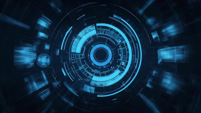 Abstract blue glowing futuristic digital interface with concentric circles and technological elements. - Powered by Adobe