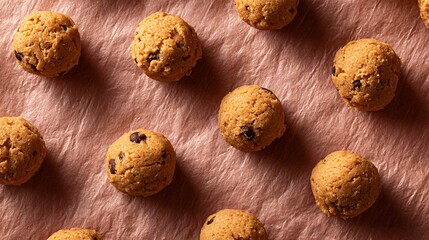 Cookie dough balls on parchment sheet, top-down minimal view