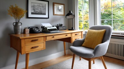 Home office desk with vintage typewriter and armchair