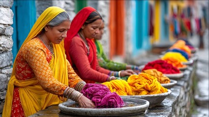 Indian women dyeing colorful fabrics by hand