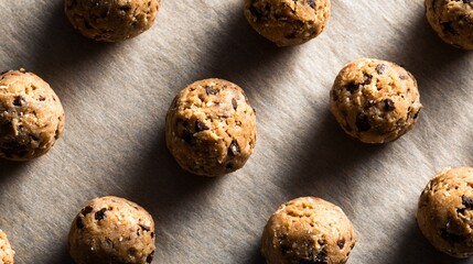 Cookie dough balls on parchment sheet, top-down minimal view