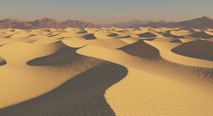Serene desert landscape with rolling sand dunes and distant mountains