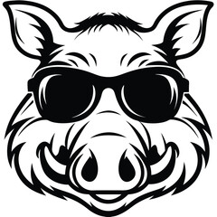 Boar head sporting sunglasses showing tusks, rendered in black and white, stands boldly
