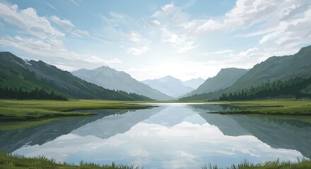 Fototapeta premium Serene Mountain Lake Reflection with Green Meadow and Cloudy Sky Panorama
