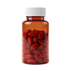 Amber bottle filled with red capsules and a white lid on a solid colored surface centered shot on transparent background