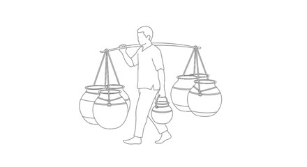 A simple line drawing depicts a man carrying water pots on a yoke