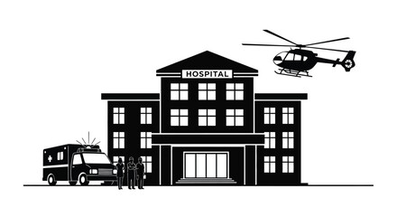 A hospital building with helicopter ambulance and medical personnel illustration