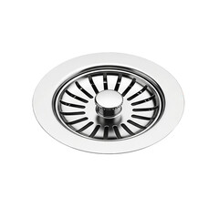 Close up of a polished metal sink strainer with radial slots and a central knob on a solid surface on transparent background