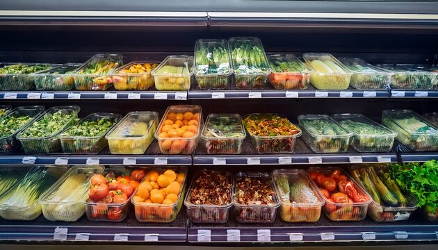 fresh produce in plastic containers on supermarket shelves