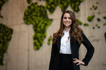 Businesswoman smiling standing global world map background