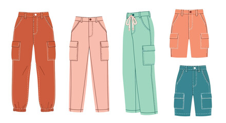 Fashion illustration of various styles of colorful high waisted pants and shorts