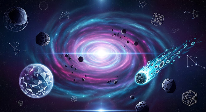 Swirling Galaxy Meteorite Diamond Planet and Constellations graphic design