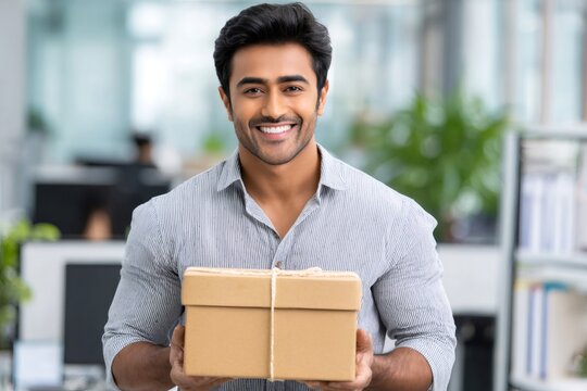 Happy indian man delivering gift box in office