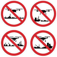 Set of prohibition signs indicating no drone use in marine ports
