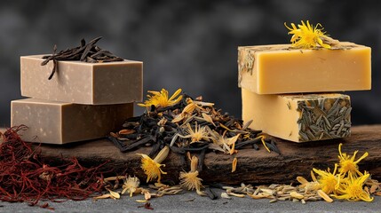 Natural handmade soap bars with herbs and flowers, eco-friendly skincare concept promoting organic beauty, purity, and sustainable wellness lifestyle