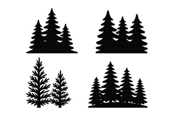 Collection of silhouette evergreen trees in various forest groupings