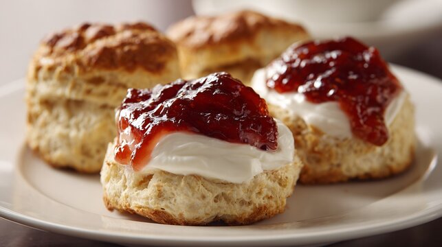 Scone with jam and cream, top-down neutral shot